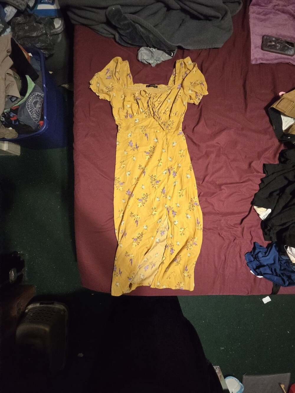 Hesperus Midi Dress Size M Yellow Floral Split Neck Tie Puff Sleeve